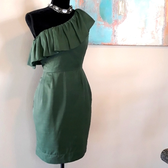Fab'rik Olive Green Ruffled Off The Shoulder Dress - Picture 1 of 14